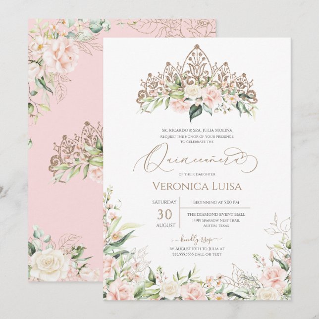 Invitación Blush Pink White Rose Floral Elegant Quinceanera (Anverso / Reverso)