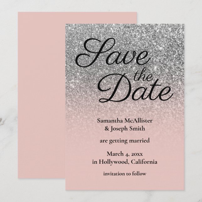 Invitación Blush Plata Ombre Glitter Salva la Fecha (Anverso / Reverso)