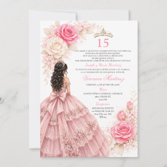 Invitación Blush Princess Dress Sweet 15 Elegant Rose Gold (Anverso)