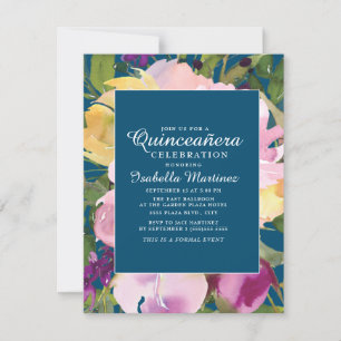 Invitación Blush Púrpura Amarillo Floral Azul Marino Quinceañ