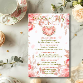 Invitación Blush Rococo Floral Heart Galentine Brunch Menu