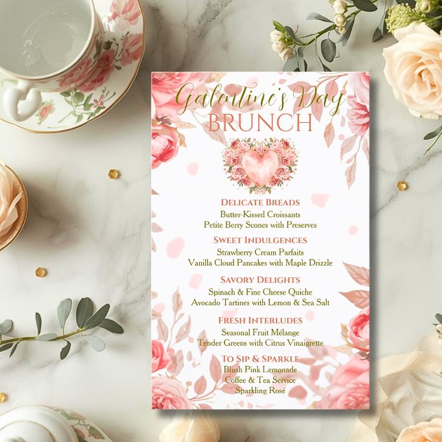 Invitación Blush Rococo Floral Heart Galentine Brunch Menu (Subido por el creador)