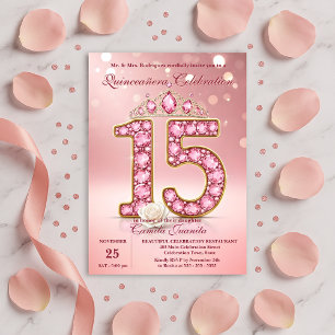 Invitación Blush Rosa Brillante 15 Tiara Rosa Quinceañera