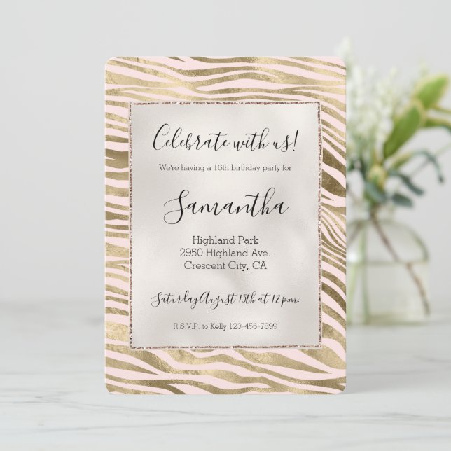 Invitación Blush Rosa Dorado Estampado Animal Zebra   (Anverso de pie)