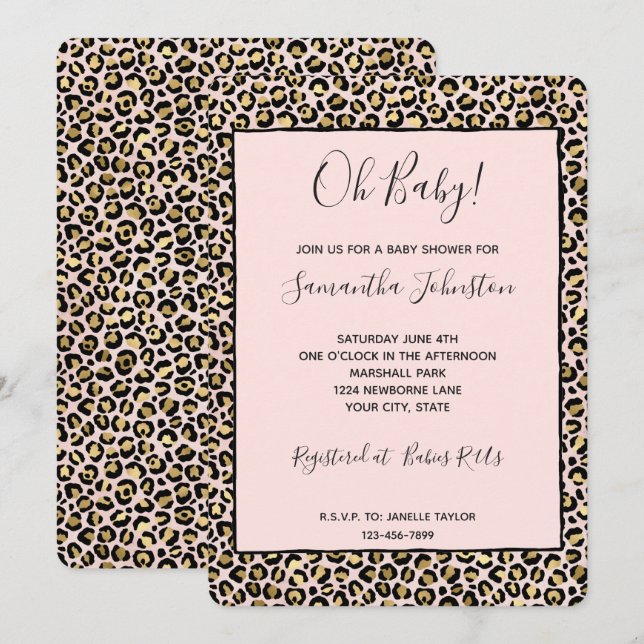 Invitación Blush Rosa Dorado Negro Estampado de Leopardo (Anverso / Reverso)