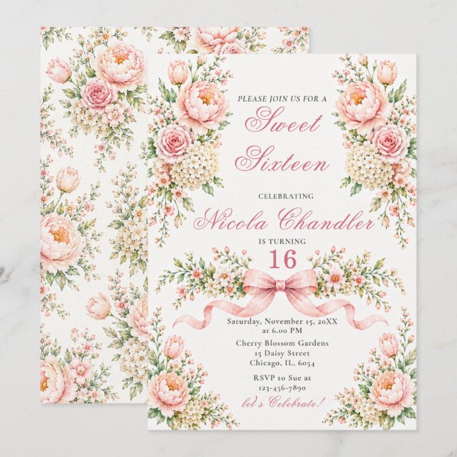 Invitación Blush Rosa Dulces Dieciséis (Anverso / Reverso)