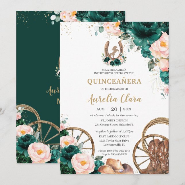 Invitación Blush Rosa Esmeralda Verde Oeste Salvaje Quinceañe (Anverso / Reverso)