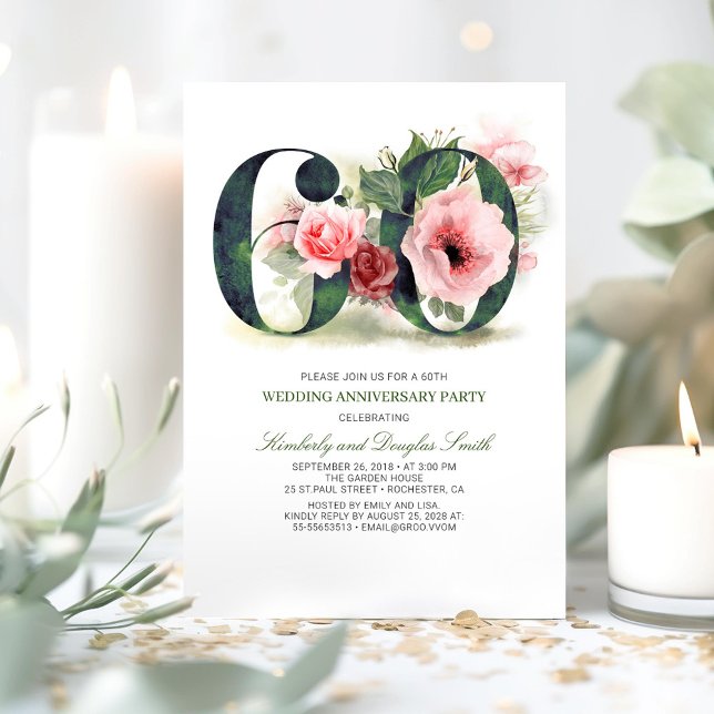 Invitación Blush Rosa Floral 60º Aniversario de Boda (60th Wedding Anniversary Invitations)