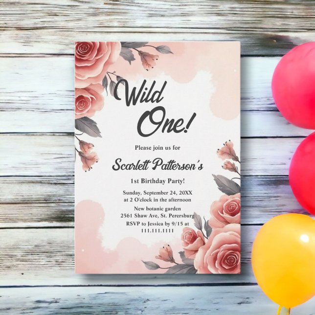 Invitación Blush Rosa Floral Acuarela Cumpleaños Salvaje Uno  (Subido por el creador)