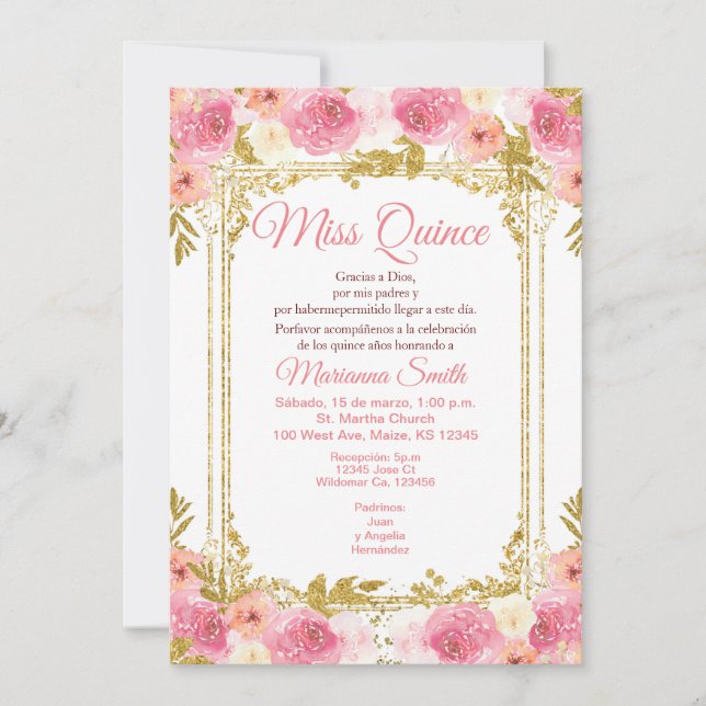 Invitación Blush Rosa Floral Acuarela Mexicana Señorita Quinc (Anverso)