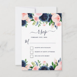 Invitación Blush Rosa Floral Acuarela RSVP Azul Marino