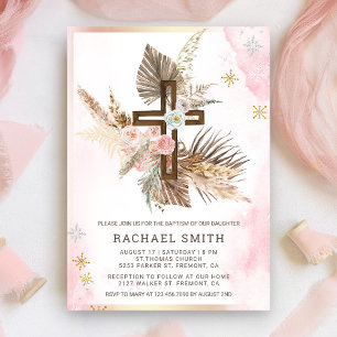 Invitación Blush Rosa Floral Boho Pampas Madera Cruz Bautizo