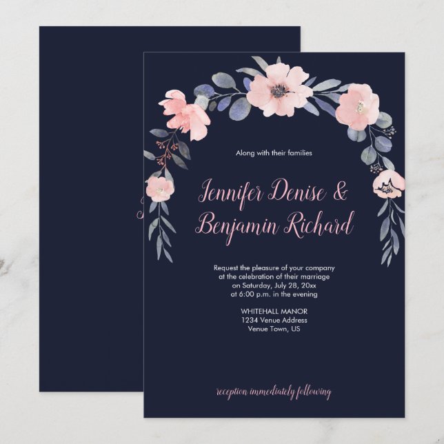 Invitación Blush Rosa Floral Caída Boda | (Anverso / Reverso)