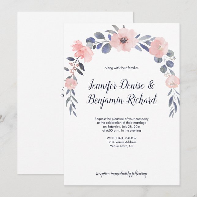 Invitación Blush Rosa Floral Drop Boda | (Anverso / Reverso)