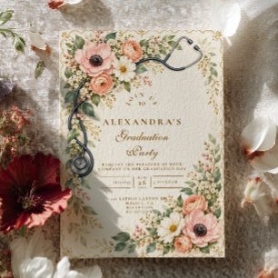 Invitación Blush Rosa Floral Enfermera Graduación