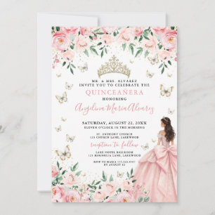 Invitación Blush Rosa Floral Mariposa Oro Quinceañera