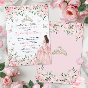 Invitación Blush Rosa Floral Mariposa Oro Quinceañera