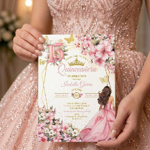 Blush Rosa Floral Mariposas Doradas Quinceañera
