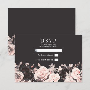 Invitación Blush Rosa Floral Oscuro Negro Carbón RSVP de Boda