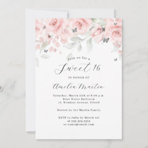 Invitación Blush Rosa Floral Plata Mariposa Dulces 16