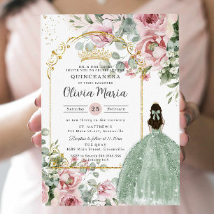 Invitación Blush Rosa Floral Sage Verde Quinceañera Cumpleaño