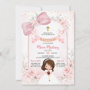 Invitación Blush Rosa Lazo Floral Niña Paloma Bautismo
