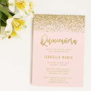 Invitación Blush Rosa Moderno con Brillo de Oro Falso Quincea
