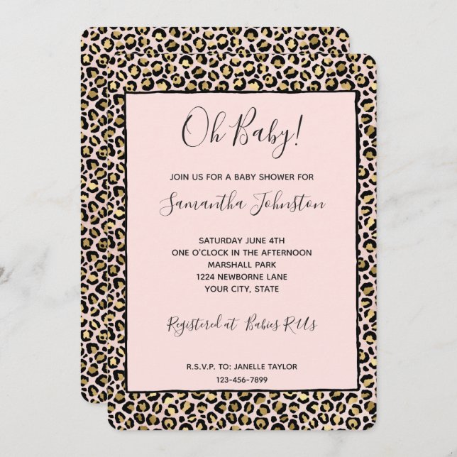 Invitación Blush Rosa Oro Negro Estampado Leopardo (Anverso / Reverso)