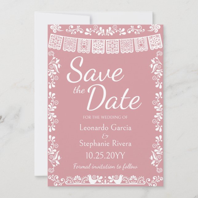 Invitación Blush Rosa Papel Picado Boda Guardar la Fecha (Anverso)