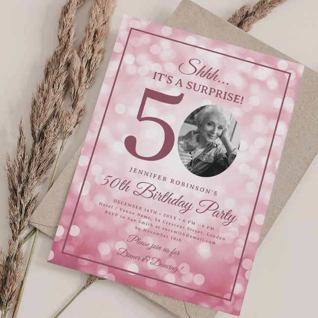 Invitación Blush Rosa SORPRESA Foto 50 Cumpleaños Glam Luces (Blush Pink SURPRISE Photo 50 Birthday Glam Lights Invitation)