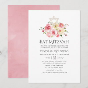 Invitación Blush Rosa y Amarillo Floral Bat Mitzvah