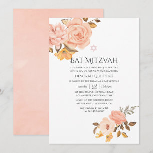 Invitación Blush rosa y floral dorado Bat Mitzvah