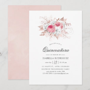 Invitación Blush Rosa y Rosa Dorado Quinceañera Floral