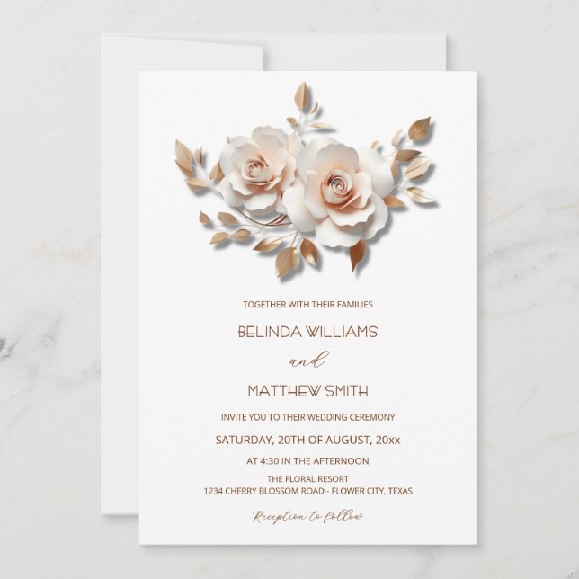 Invitación Blush  Rose Gold 3D Flowers Simple (Anverso)