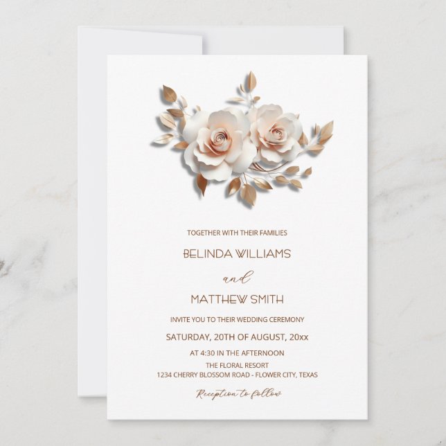 Invitación Blush  Rose Gold 3D Flowers Simple (Anverso)