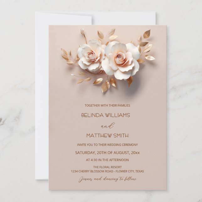 Invitación Blush  Rose Gold 3D Flowers Simple (Anverso)