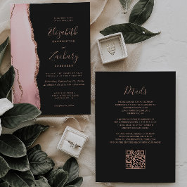 Invitación Blush Rose Gold Agate Dark QR Code Wedding