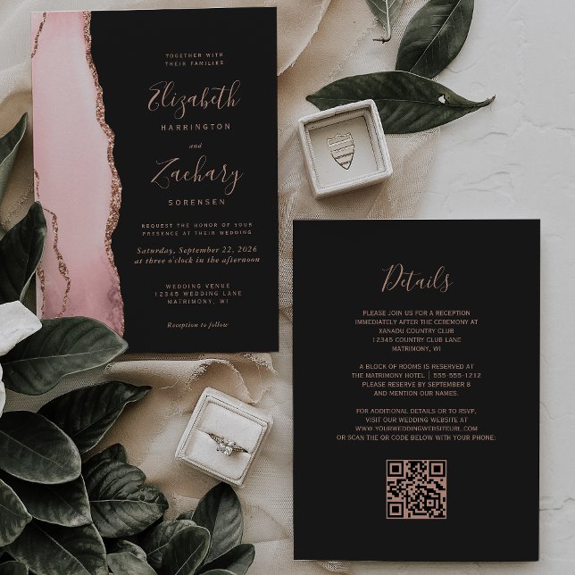 Invitación Blush Rose Gold Agate Dark QR Code Wedding (Subido por el creador)