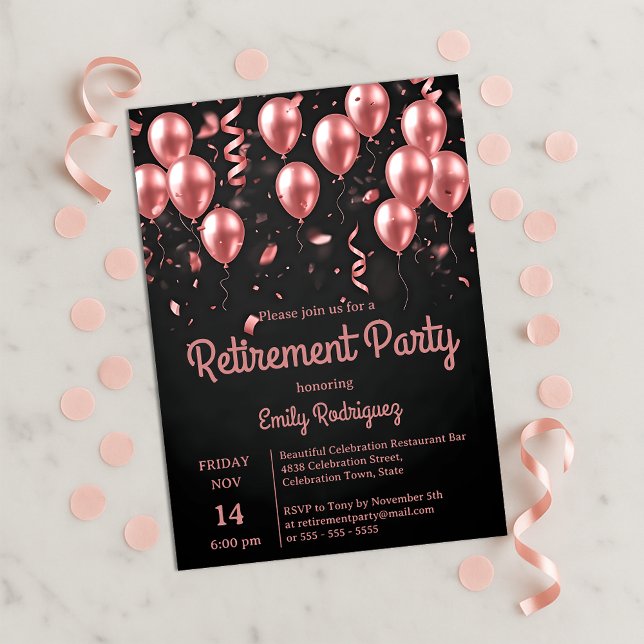Invitación Blush Rose Gold Balloons Confetti Retirement Party (Subido por el creador)
