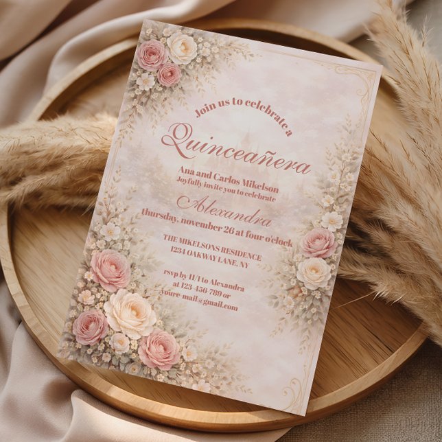 Invitación Blush Rose Gold Garden Quinceañera (Subido por el creador)