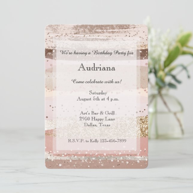 Invitación Blush Rose Pink Chocolate Gold Glitter Birthday (Anverso de pie)