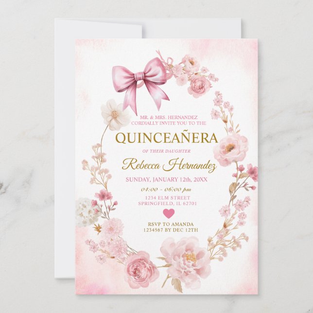 Invitación Blush Soft Pink Bow Quinceañera (Anverso)