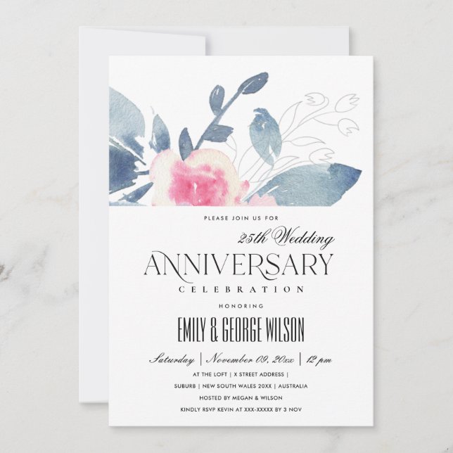 INVITACIÓN BLUSH SUAVE AZUL FLORAL 25º ANIVERSARIO DE CUALQUI (Anverso)