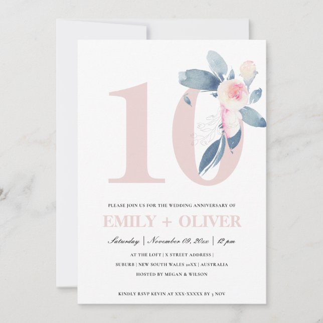 INVITACIÓN BLUSH SUAVE FLORAL AZUL 10º ANIVERSARIO DE CUALQUI (Anverso)