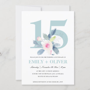 INVITACIÓN BLUSH SUAVE FLORAL AZUL 15º ANIVERSARIO CUALQUIER 