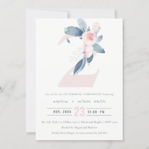INVITACIÓN BLUSH SUAVE FLORAL AZUL 2º ANIVERSARIO CUALQUIER A