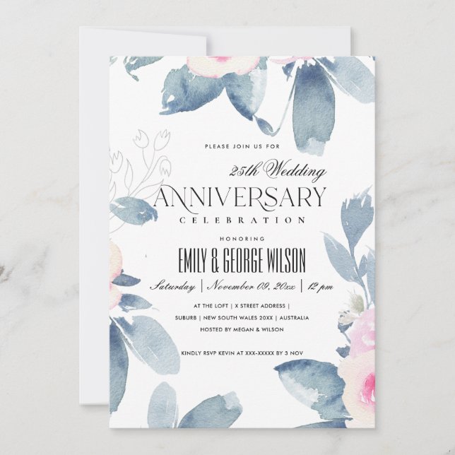 INVITACIÓN BLUSH SUAVE FLORAL AZUL 25º ANIVERSARIO DE CUALQUI (Anverso)