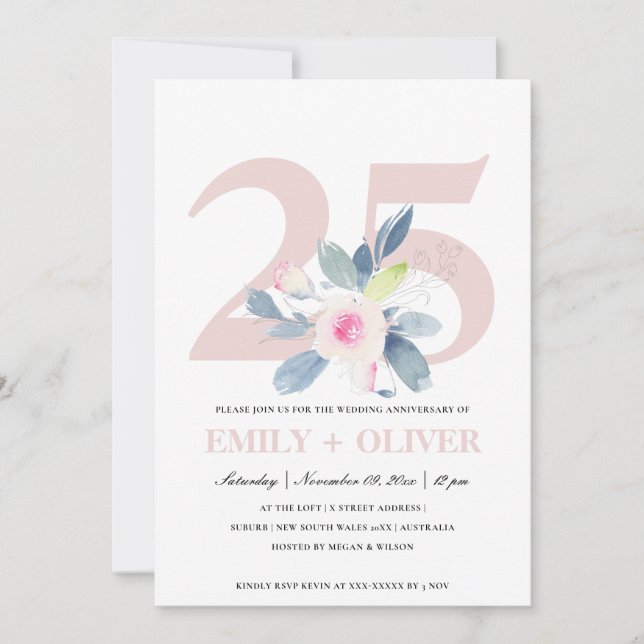 INVITACIÓN BLUSH SUAVE FLORAL AZUL 25º ANIVERSARIO DE CUALQUI (Anverso)