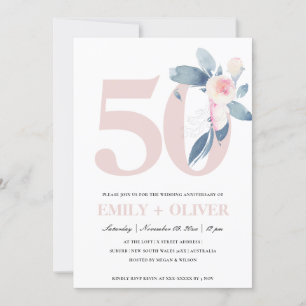 INVITACIÓN BLUSH SUAVE FLORAL AZUL 50 ANIVERSARIO CUALQUIER A