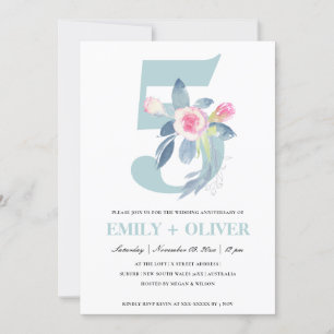 INVITACIÓN BLUSH SUAVE FLORAL AZUL 5TO ANIVERSARIO DE CUALQUI